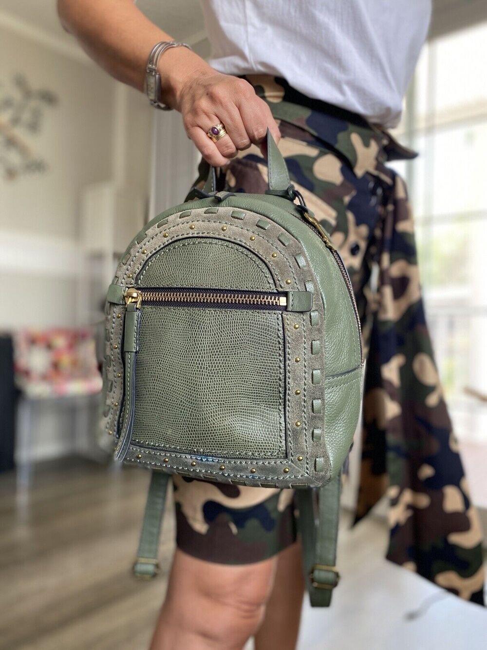 FOSSIL COW HIDE Leather Backpack Purse Handbag Olive Green